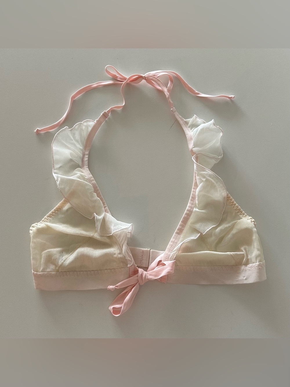 We Are HAH Sheer Pink Ivory Ruffle Halter Coquette Bra Bow M Mesh Bralette